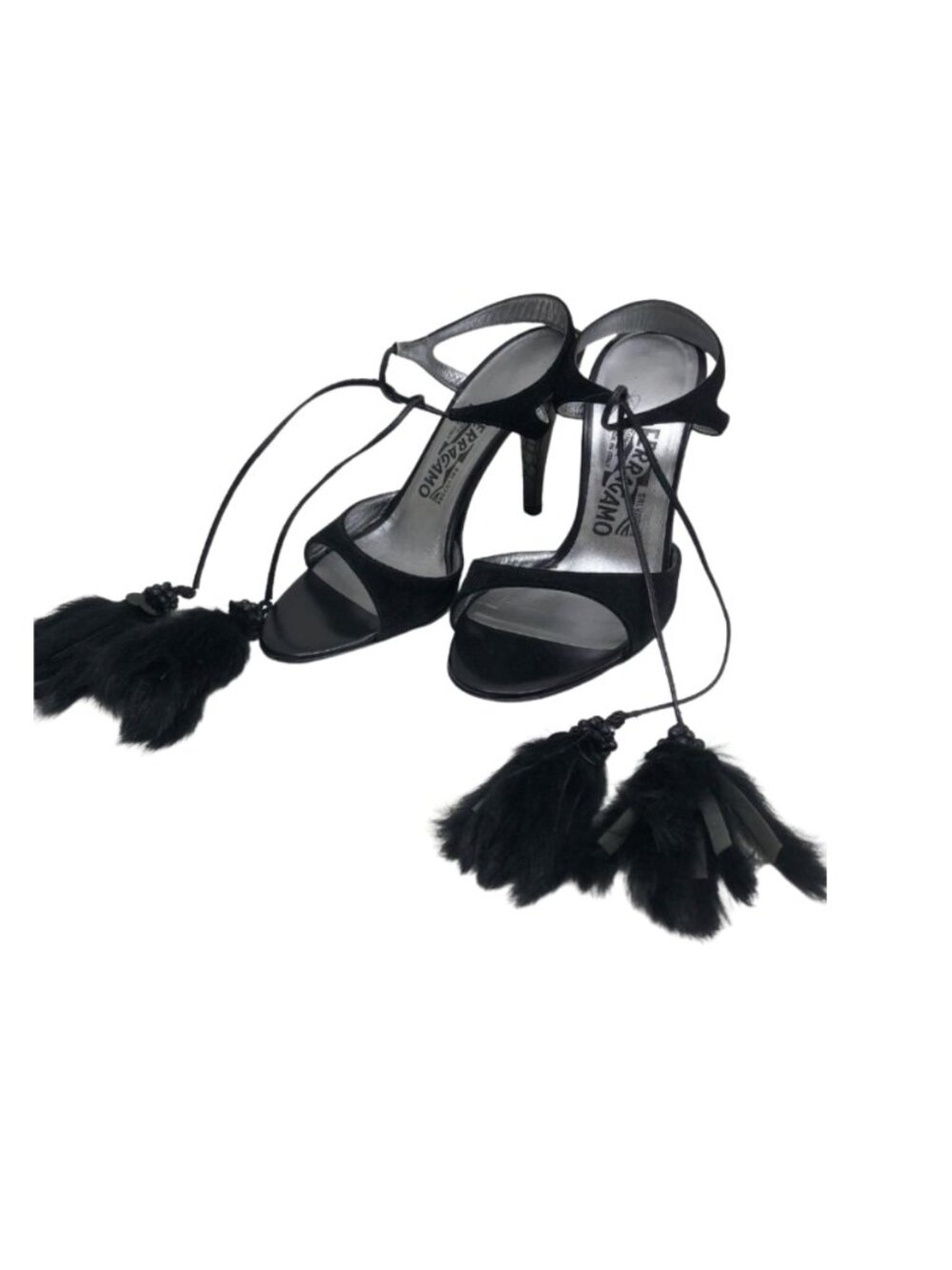 Salvatore Ferragamo Sandals // black suede // mink fur tassels